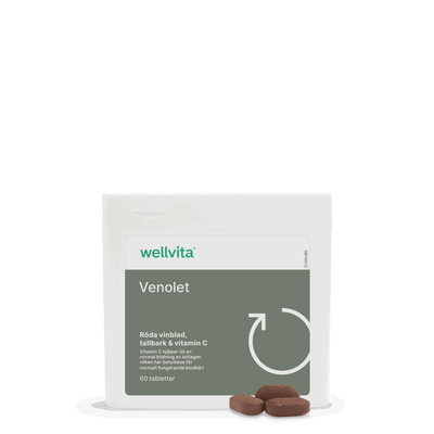 Venolet kosttillskott med rödvinsblad, druvkärnor, tallbark och vitamin C, 60 tabletter för blodcirkulation och hudförbättring.