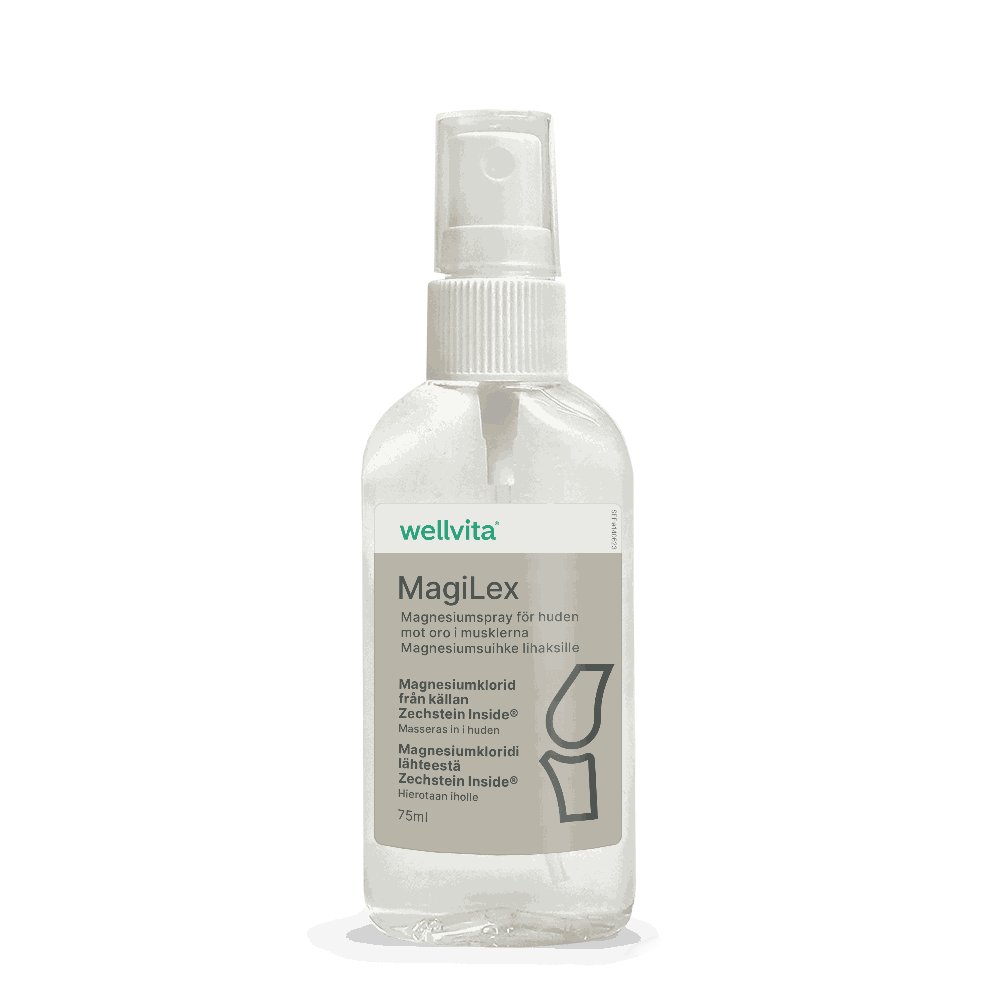 Magnesiumspray MagiLex mot muskelspänningar och oro i benen, 75 ml flaska från Wellvita.