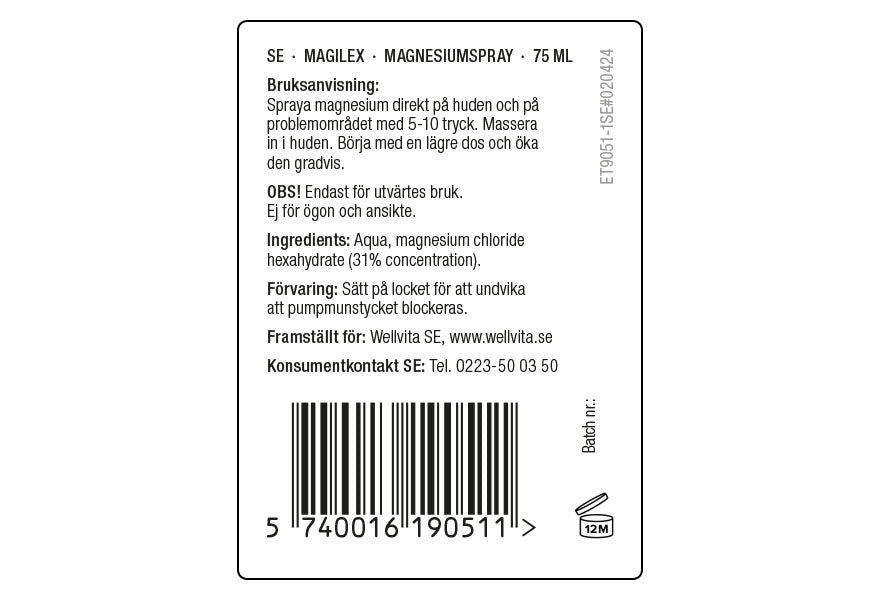 Magnesiumspray MagiLex mot muskelspänningar och oro i benen, 75 ml flaska från Wellvita.