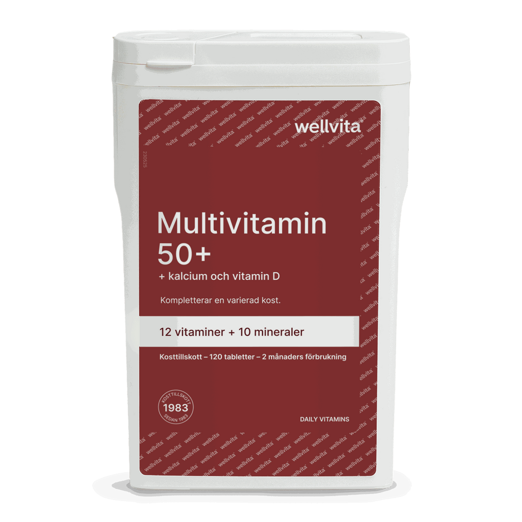 Multivitamin 50+ kosttillskott med 12 vitaminer och 10 mineraler för vuxna över 50 år från wellvita.