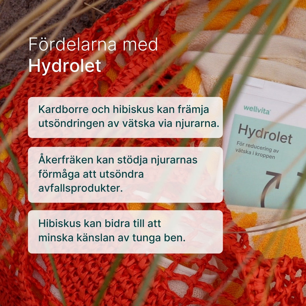 Kosttillskott Hydrolet, 90 tabletter, stödjer njurarnas vätskeförmåga med åkerfräken, maskros och hibiskus.