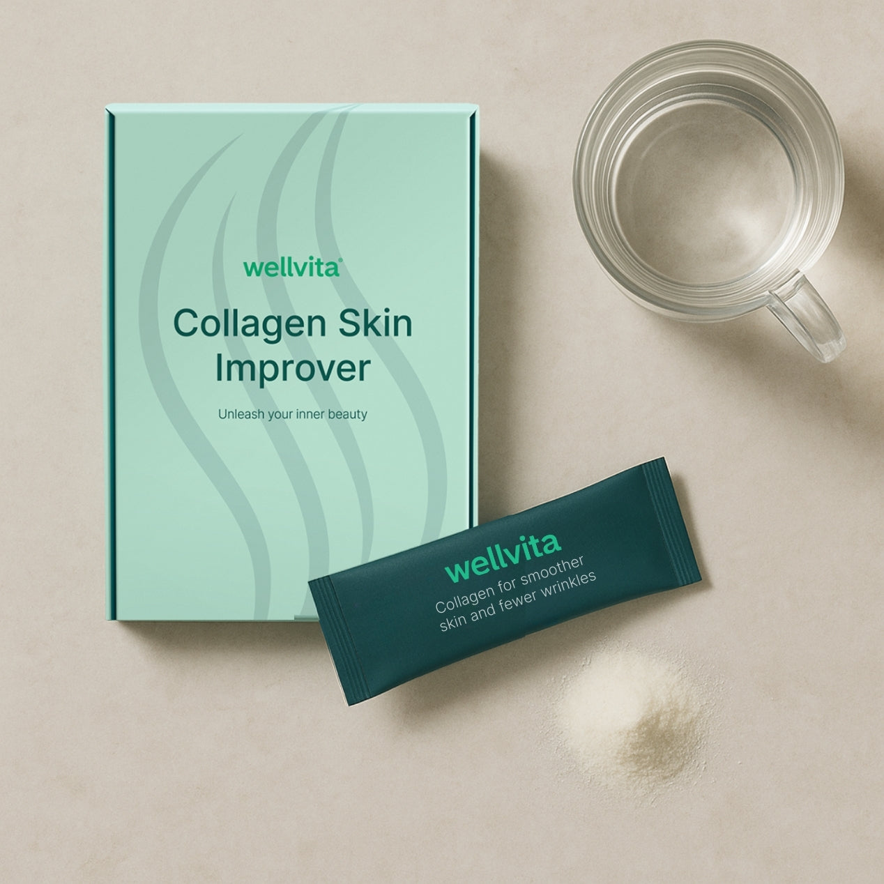 Kollagen Skin Improver pulver och förpackning med 30 sticks á 2,5 g, för förbättrad hudelasticitet och minskade rynkor.