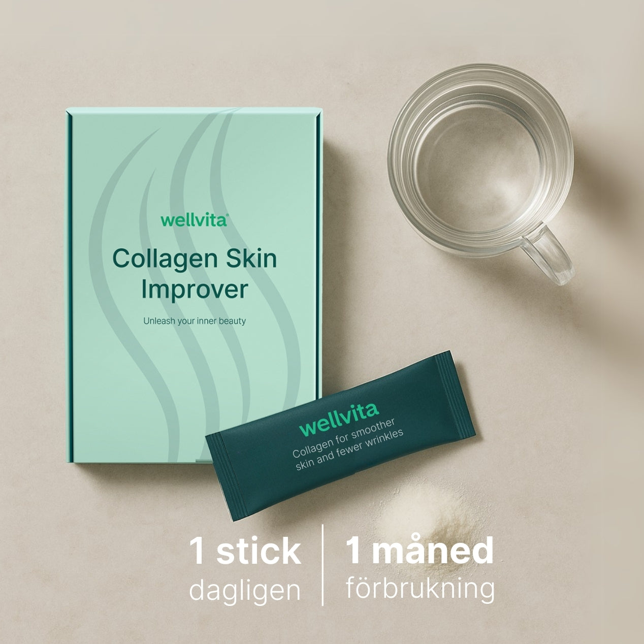 Kollagen Skin Improver pulver och förpackning med 30 sticks á 2,5 g, för förbättrad hudelasticitet och minskade rynkor.