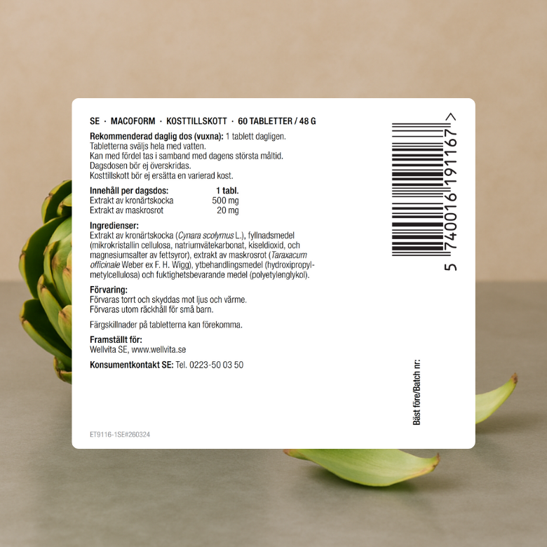 Macoform kosttillskott, 60 tabletter med maskros och kronärtskocka.