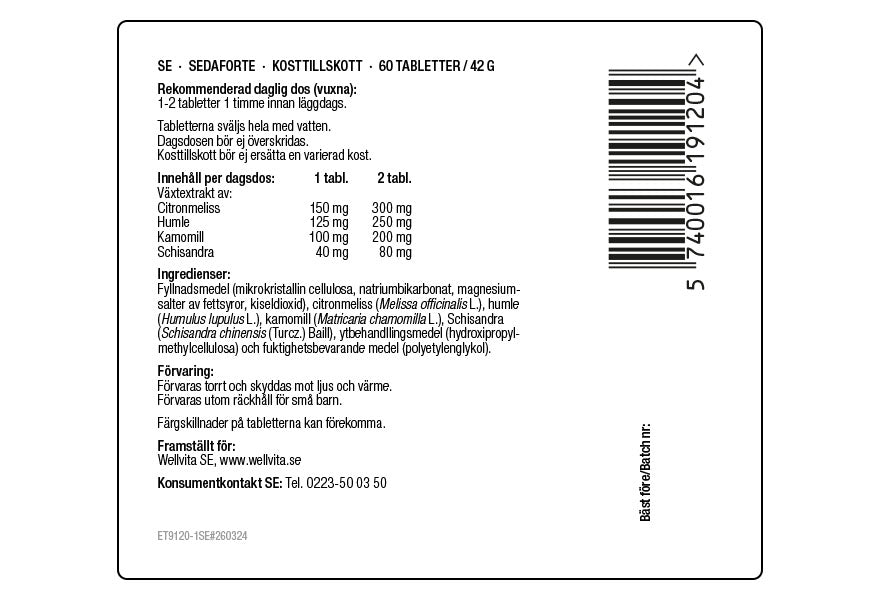 Sedaforte kosttillskott, 60 tabletter, med citronmeliss, humle, kamomill och schisandra för avslappning och sömn.