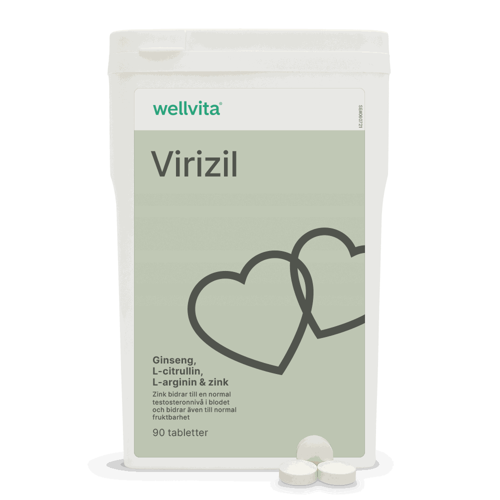 Virizil kosttillskott för män, 90 tabletter med ginseng, L-citrullin, L-arginin och zink, främjar energi och vitalitet.