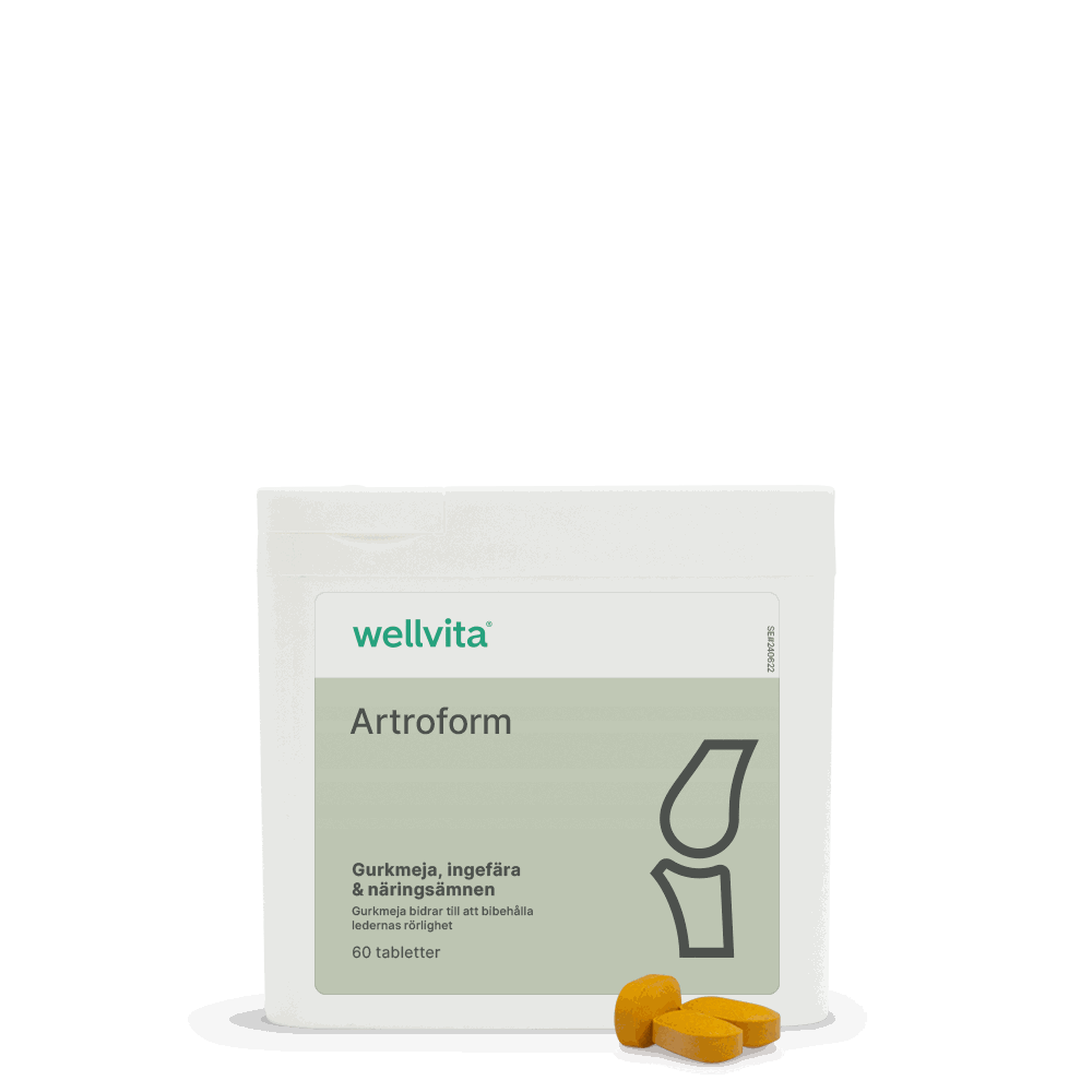 Artroform kosttillskott med gurkmejaextrakt för smidiga leder, 60 tabletter i förpackning.