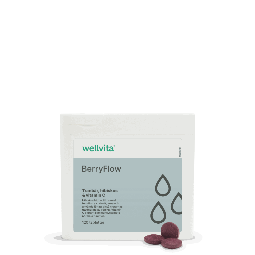 Berryflow kosttillskott burk med 120 tabletter, innehåller hibiskus, tranbärsextrakt och vitamin C.