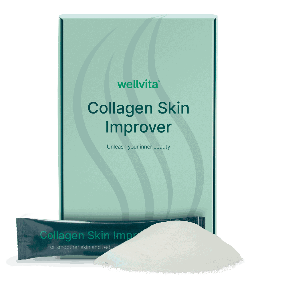 Kollagen Skin Improver pulver och förpackning med 30 sticks á 2,5 g, för förbättrad hudelasticitet och minskade rynkor.