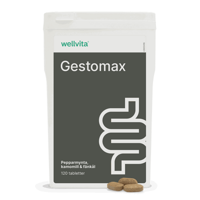 Förpackning av Gestomax kosttillskott med pepparmynta, kamomill och fänkål, 120 tabletter.