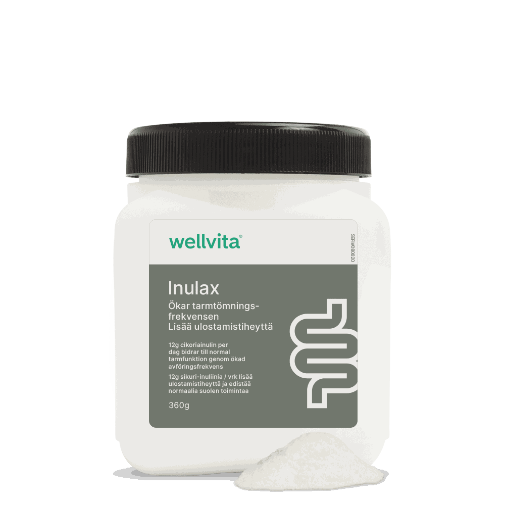 Förpackning av Inulax kosttillskott, 360g, med cikoriainulin för normal tarmfunktion.