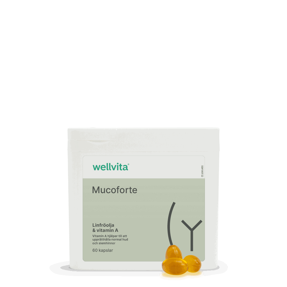 Mucoforte kosttillskott, 60 kapslar, innehåller vitamin A och linfröolja med omega-3.