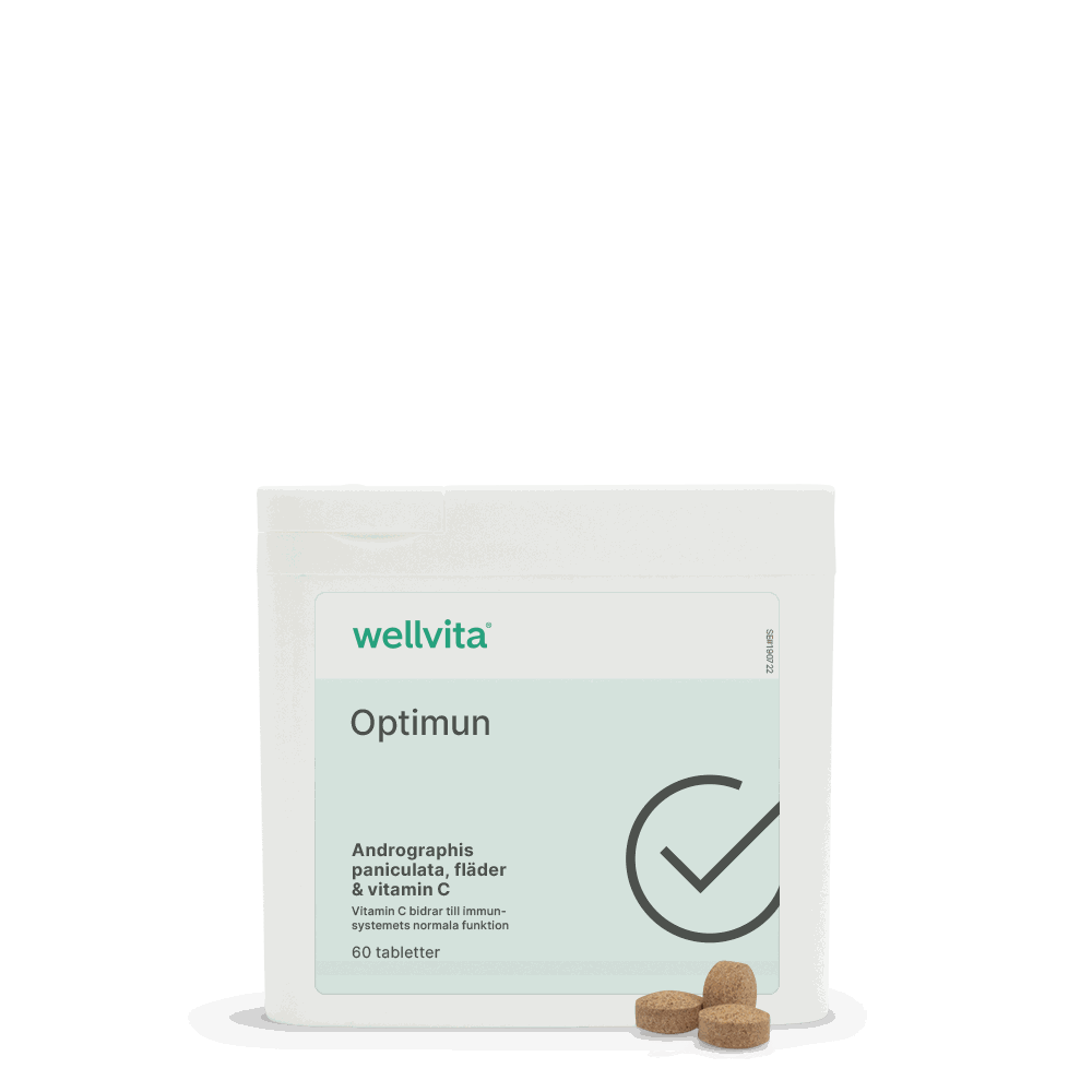 Förpackning av kosttillskott Optimun med andrographis, fläderbär och vitamin C, designad för att stödja immunförsvaret.