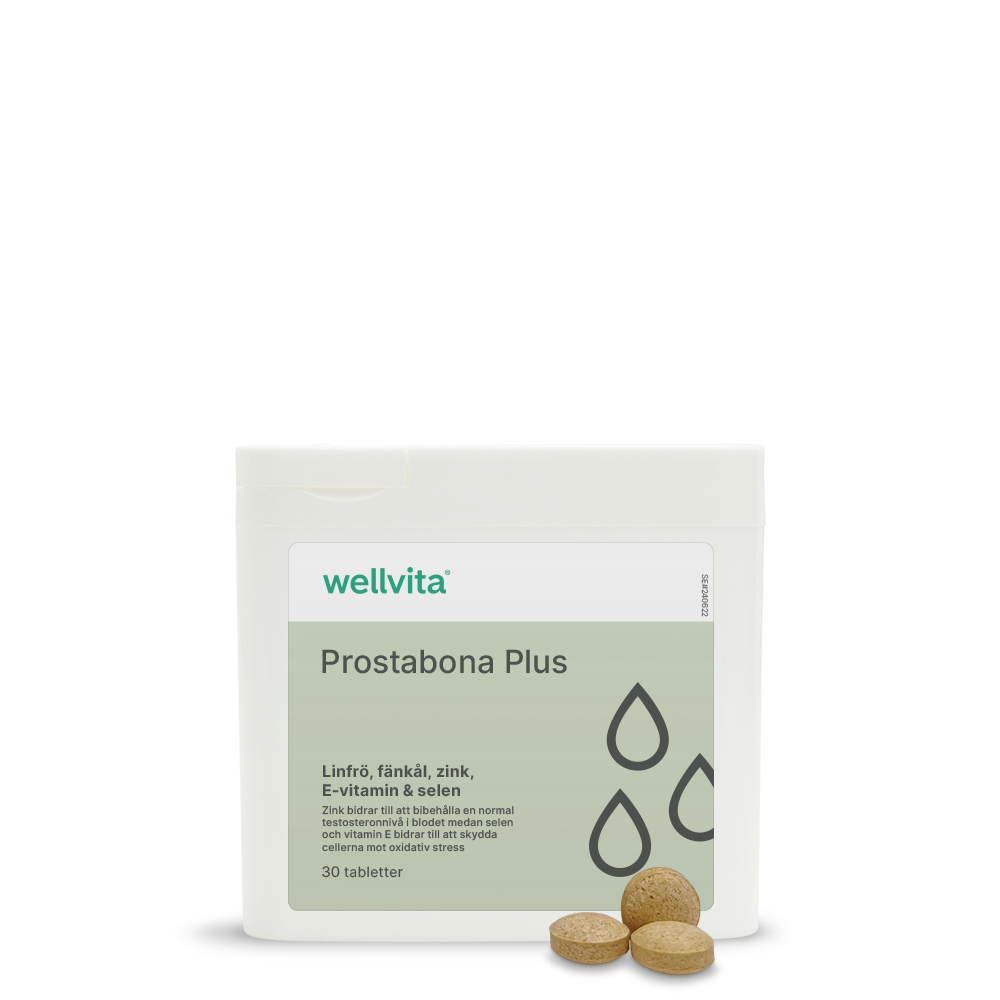 Förpackning av Prostabona Plus kosttillskott med linfröextrakt, fänkål, zink, E-vitamin och selen.
