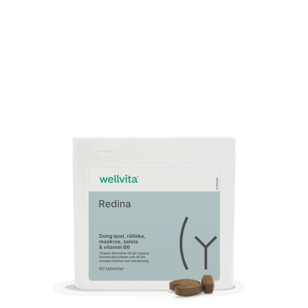 Kosttillskott Redina för klimakterievälbefinnande, baserad på salvia och don quai.