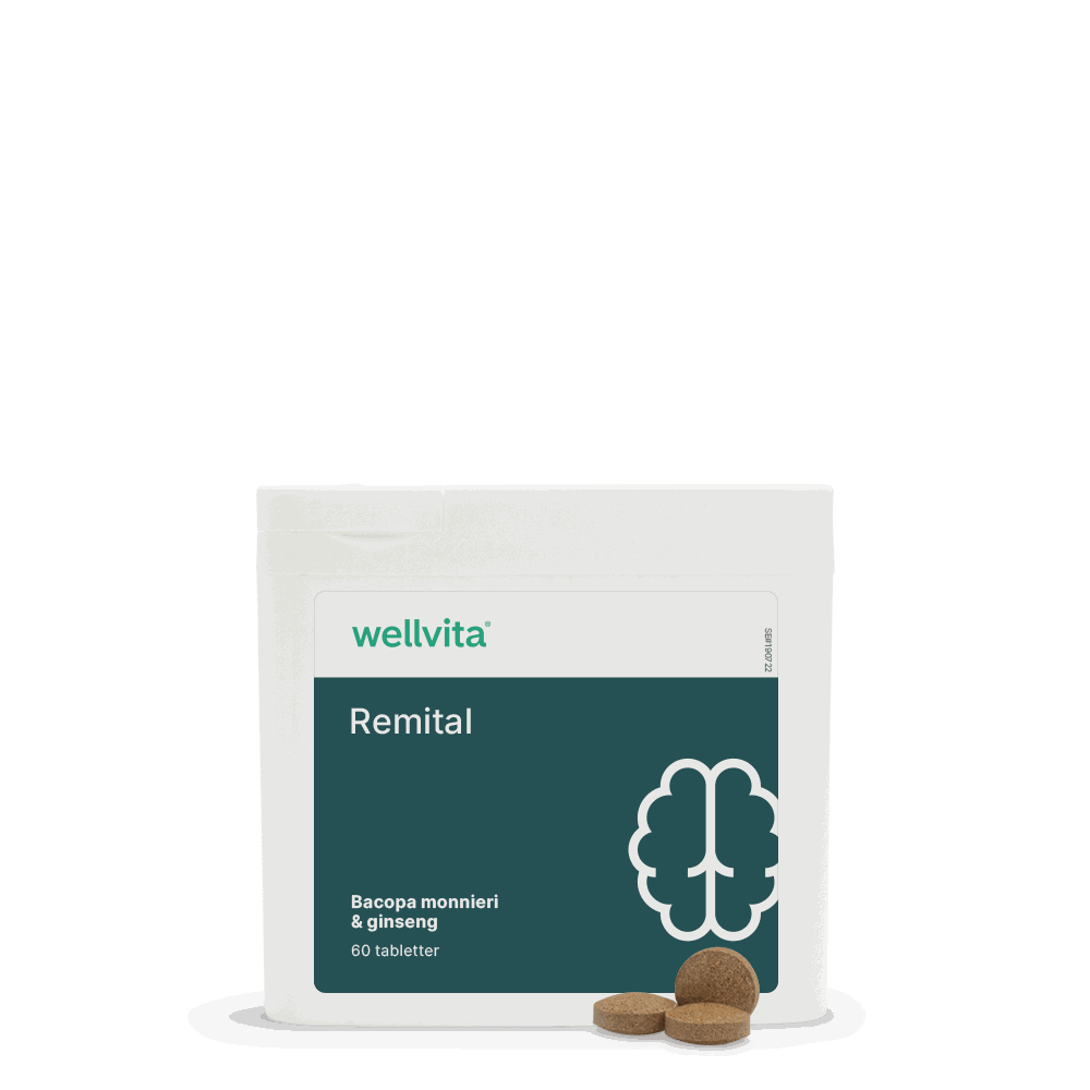 Förpackning med Remital-kosttillskott från Wellvita, 60 tabletter, innehållande bacopa monnieri och ginseng.