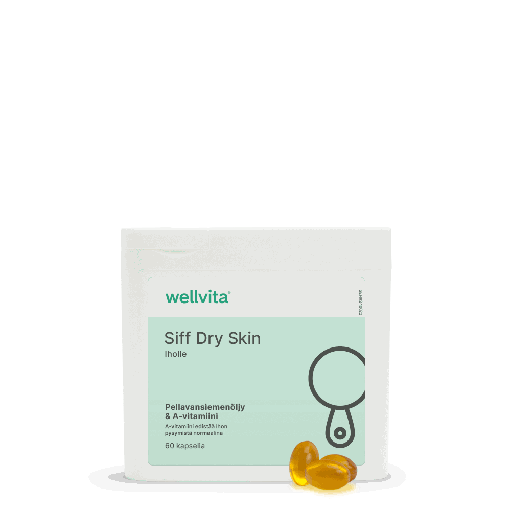 Siff Dry Skin kosttillskott med vitamin A och linfröolja för normal hud, 60 kapslar, Wellvita.