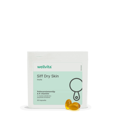 Siff Dry Skin kosttillskott med vitamin A och linfröolja för normal hud, 60 kapslar, Wellvita.