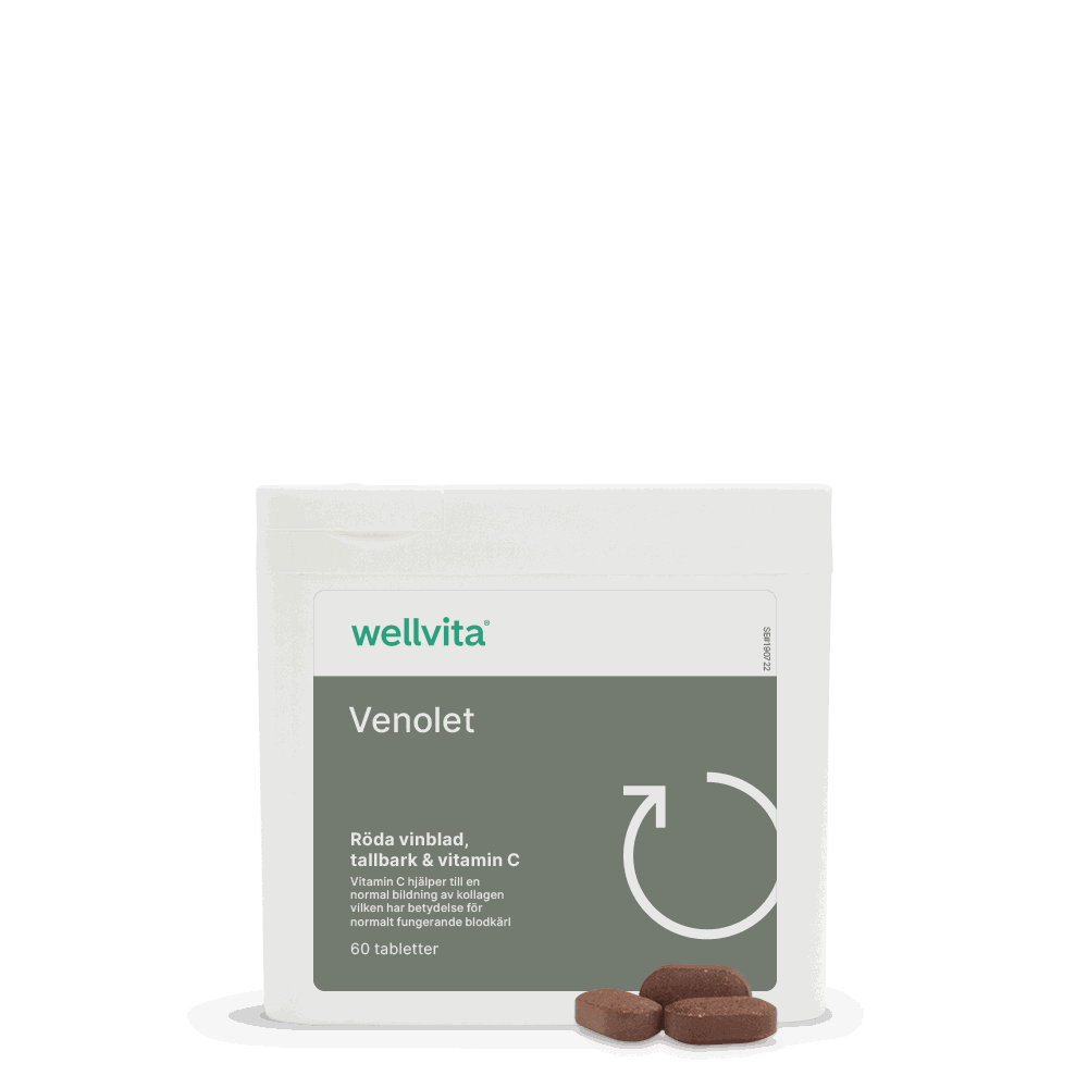 Venolet kosttillskott med rödvinsblad, druvkärnor, tallbark och vitamin C, 60 tabletter för blodcirkulation och hudförbättring.