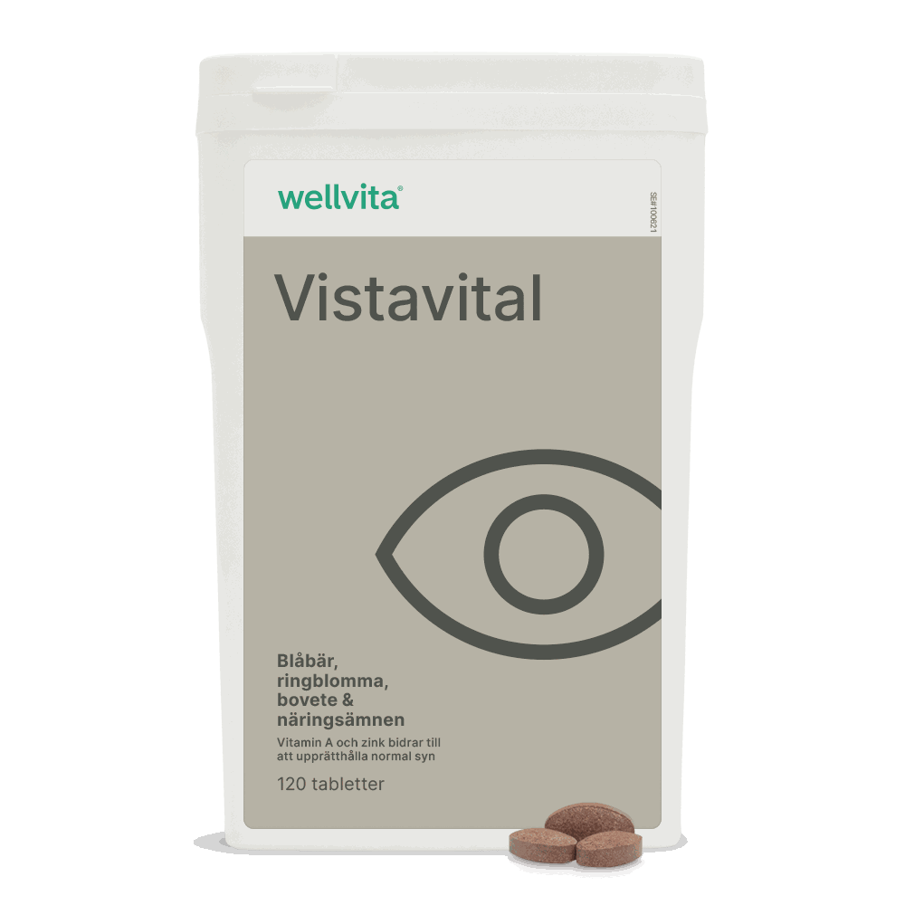 ```Vistavital kosttillskott för synförmåga med 120 tabletter, innehåller zink, vitamin A, blåbärs-, bovete- och ringblommaextrakt.```
